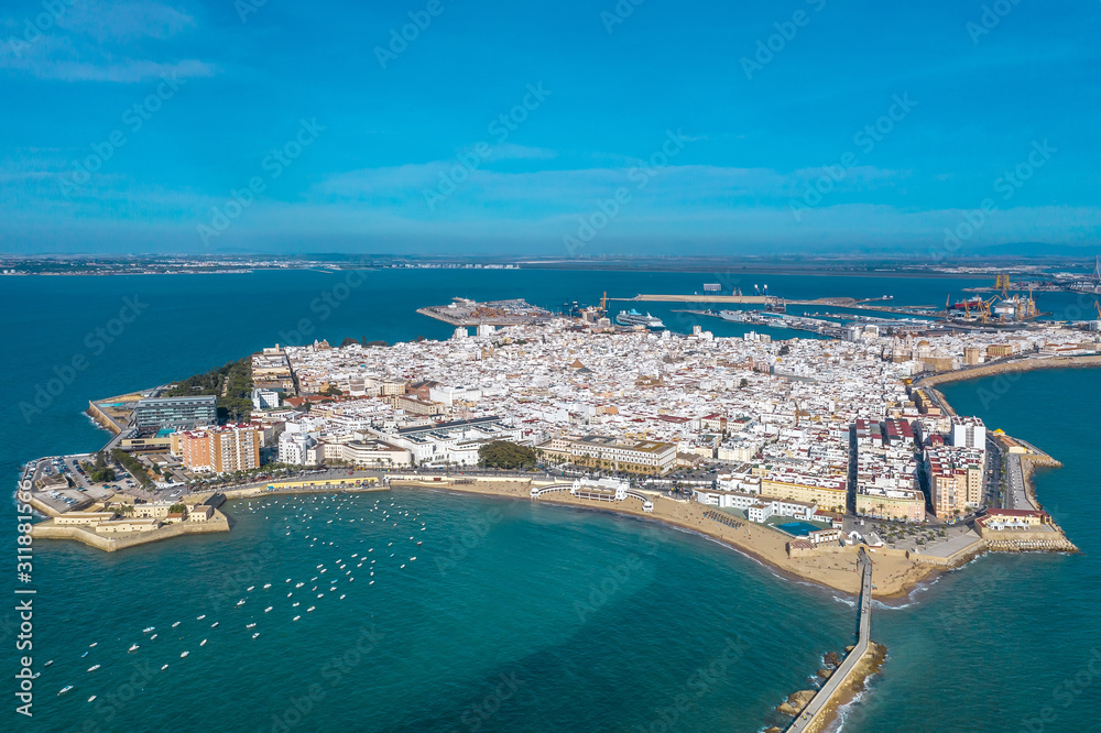 Panoramic aerial view of the city of Cadiz and the Castle of San Sebastian. Spain