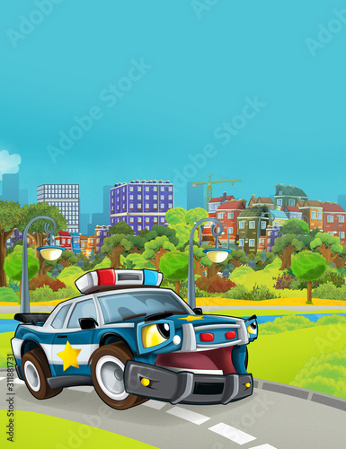 cartoon scene with police car vehicle on the road - illustration for children