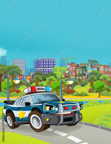 cartoon scene with police car vehicle on the road - illustration for children