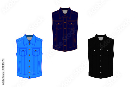 Jeans clothes. Classic Jean jacket, vest different color. Vector illustration.