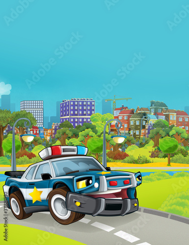 cartoon scene with police car vehicle on the road - illustration for children