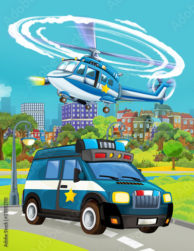 cartoon scene with police car vehicle on the road - illustration for children
