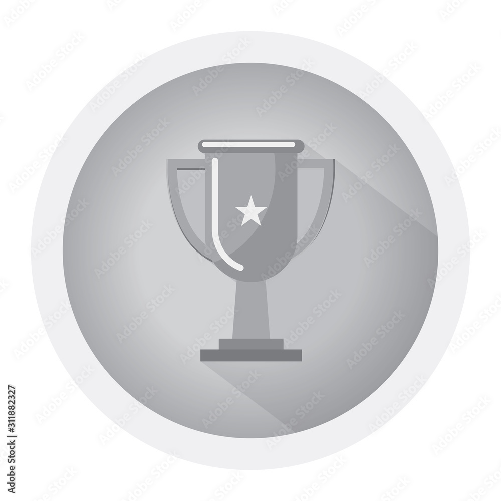 Trophy cup flat icon design with handles and blank nameplate. Black and white icon