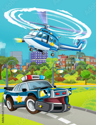cartoon scene with police car vehicle on the road and helicopter flying - illustration for children