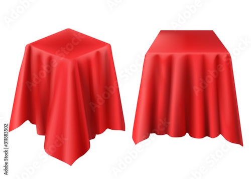 Box covered with red cloth. Vector realistic template of cube hidden under silk veil or curtain for presentation, opening surprise, gift isolated on white background