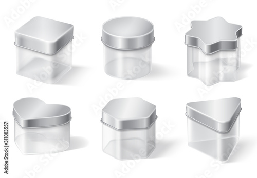 Transparent glass jar with metal lid isolated on white background. Vector realistic mockup of empty clear plastic boxes for jam, tea, coffee or cream. Set of different shapes containers with steel cap