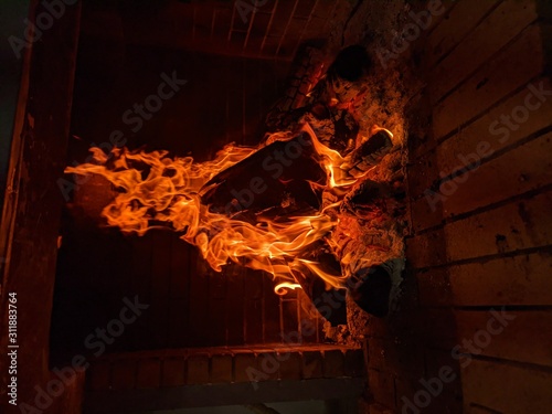 Log Fire in Fireplace, Beautiful flames and colours