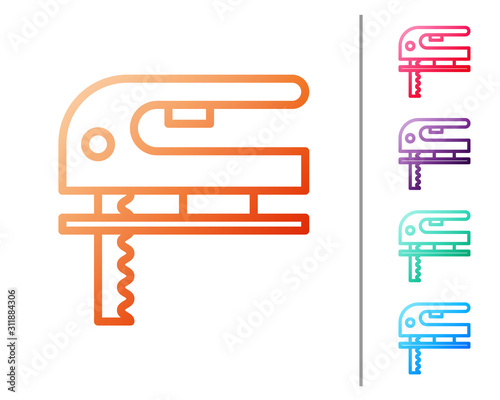 Red line Electric jigsaw with steel sharp blade icon isolated on white background. Power tool for woodwork. Set color icons. Vector Illustration