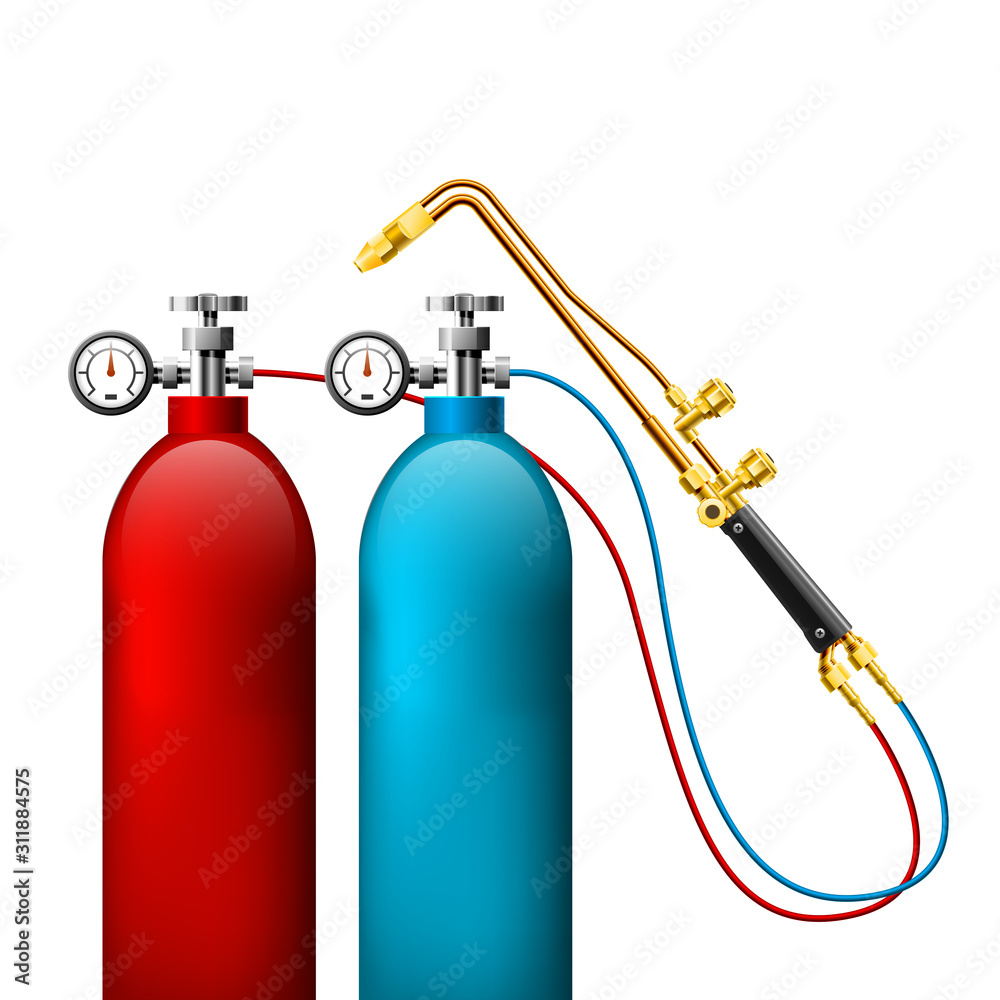 Welding gas bottles and oxy acetylene cutting torch - gas tank and burner, welding  gear Stock Vector | Adobe Stock