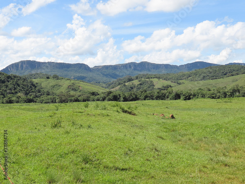 Rural area in the city of Tiradentes Minas Gerais. Brazil. Fields and mountains in the background.