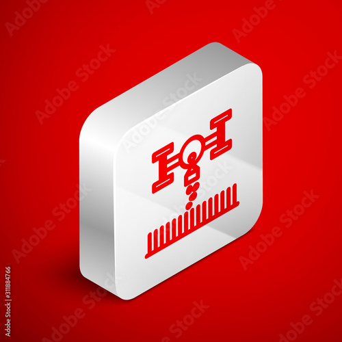 Isometric line Smart farm with drone control for seed planting icon isolated on red background. Innovation technology for agricultural company. Silver square button. Vector Illustration