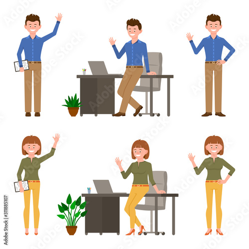 Happy, smiling, funny office worker man and woman vector illustration. Front view standing, holding notes, waving hello, leaning on table boy and girl cartoon character set on white