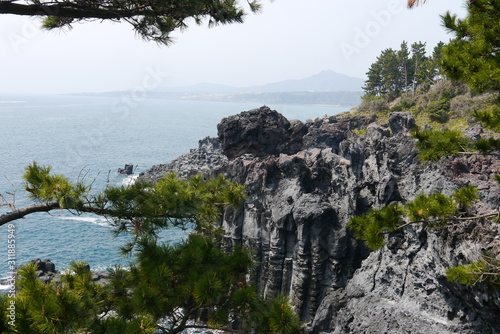 Daepo Jusangjeolli Cliff coastline with Hallasan Mountain in the background, on Jeju Island South Korea