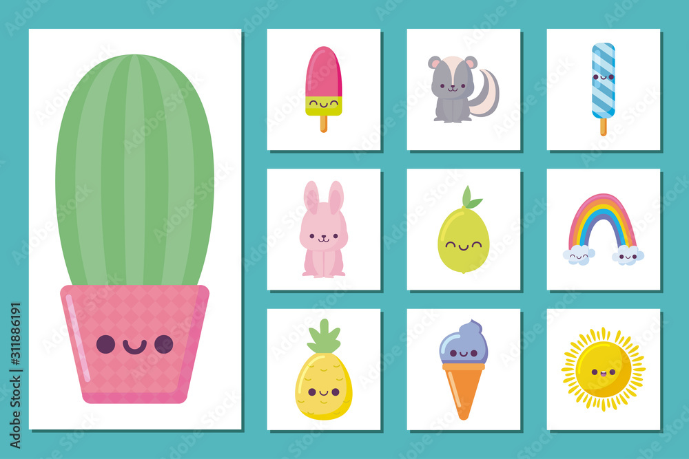 Kawaii cactus and icon set cartoons vector design