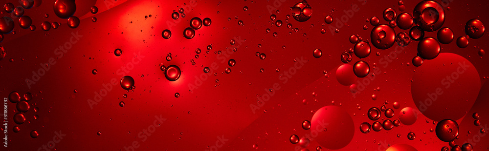 panoramic shot of creative red color background from mixed water and oil bubbles - obrazy, fototapety, plakaty 
