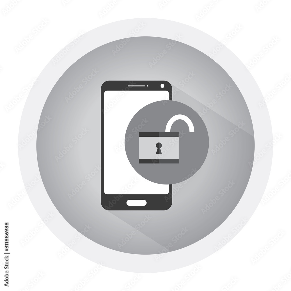 Mobile phone unlocked notification button and password field vector, concept of smartphone security. Black and white icon Mobile phone unlocked notification button and password field vector, concept of smartphone security. Black and white icon