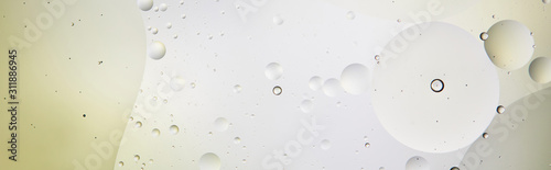 panoramic shot of abstract light green and grey color background from mixed water and oil bubbles
