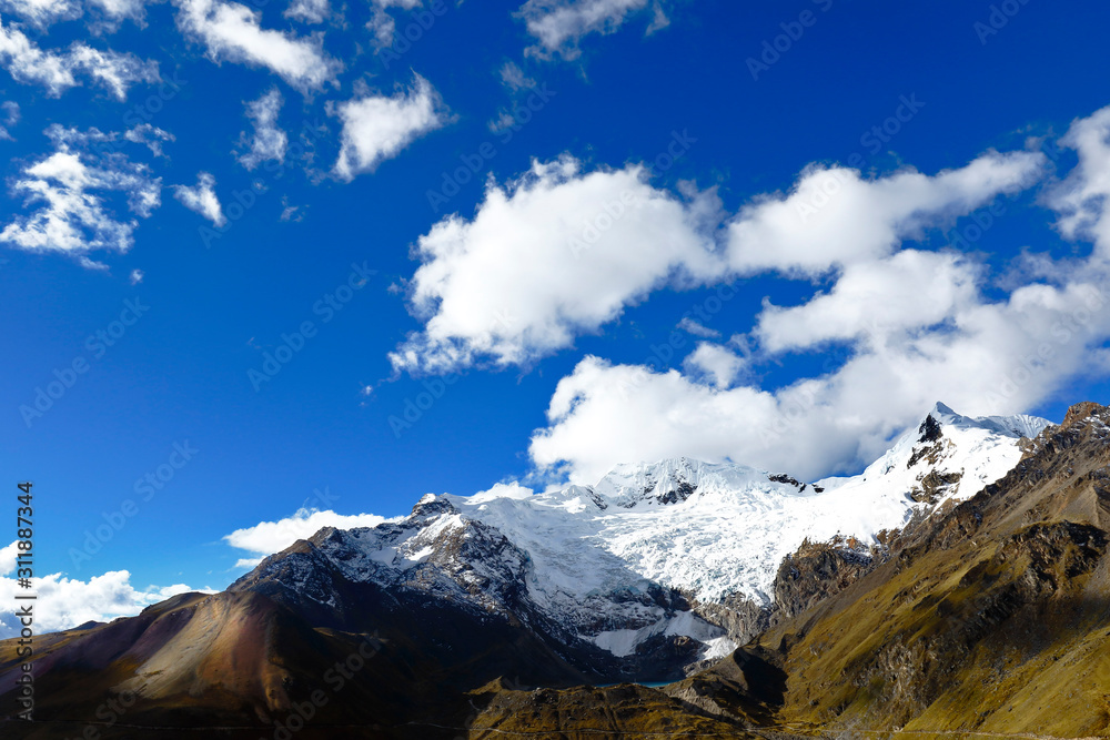 Sunset view of the snowy Huaytapallana in the central mountain range of the Peruvian Andes