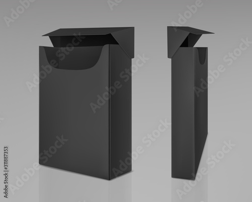 Empty open black pack of slim cigarettes. Vector realistic mockup of paper package box for tobacco products isolated on gray background