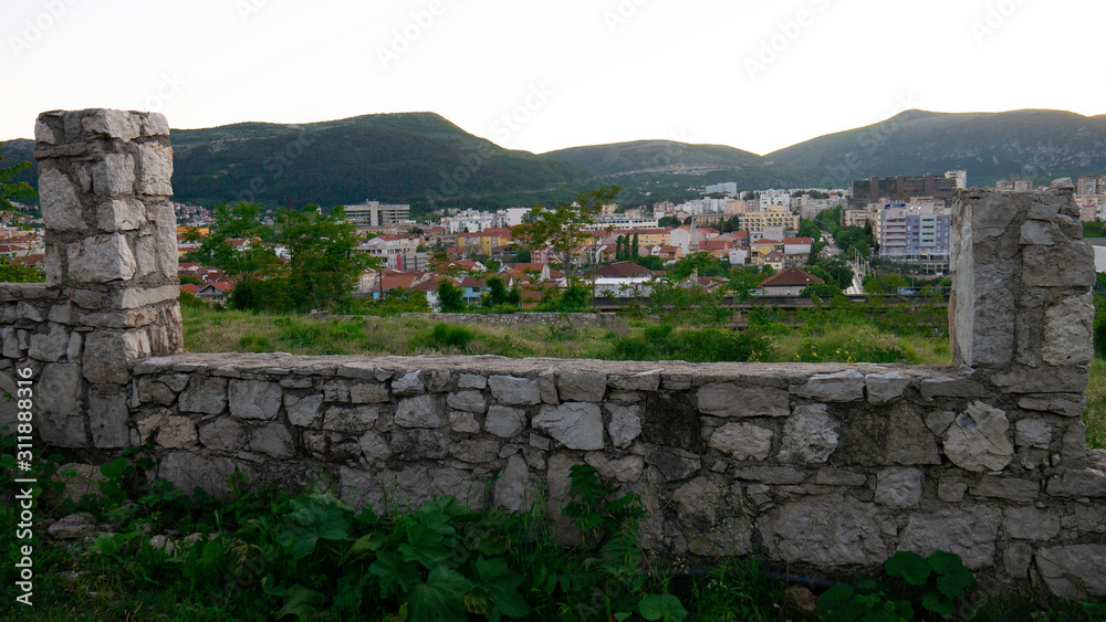 The view on the city of Mostar at dusk, Bosnia and Herzegovina.
