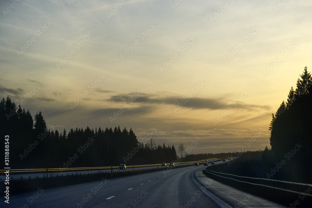 driving on highway at night, sweden, sverige, norrland, europe,eu