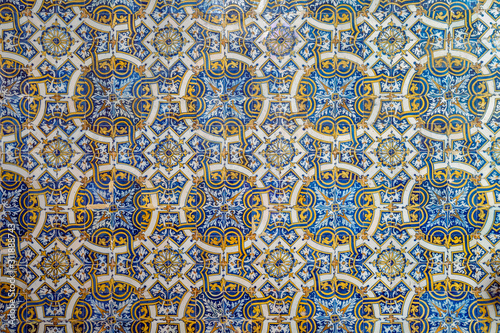 Original old blue tiles called azulejos in Portugal