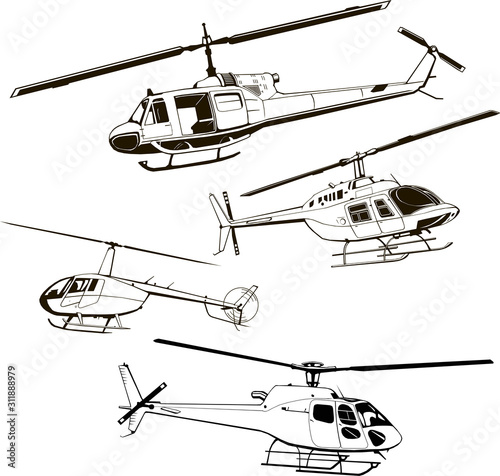 helicopters, set four models, vector illustration, icon, symbol, monogram, isolated, silhouette