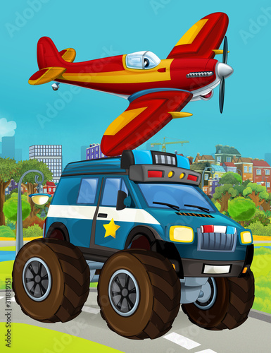 cartoon scene with police car vehicle on the road and fireman plane flying - illustration for children