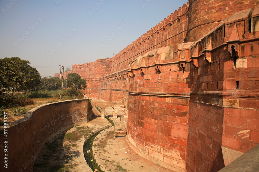 A wall of Red Fort Agra, Uttar Pradesh, India.
