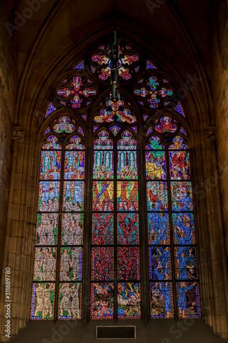 Prague  Czech Republic  Colorful religious stained glass window inside St. Vitus Cathedral