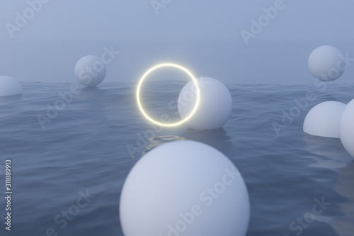 Glowing frame and white balls floating on the lake 3d rendering.