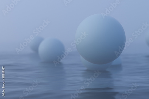White balls floating on the lake , 3d rendering.