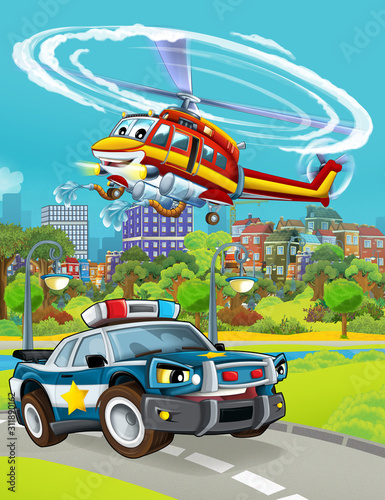 cartoon scene with police car vehicle on the road and fireman helicopter flying - illustration for children