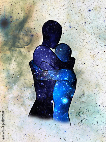 Esoteric and magic illustration with two loving person. Soul and body splitting. Cosmos figure on light cosmos background