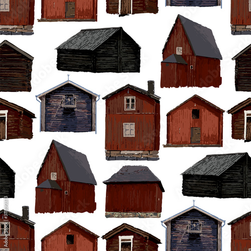 Collection of old traditional scandinavian wooden houses