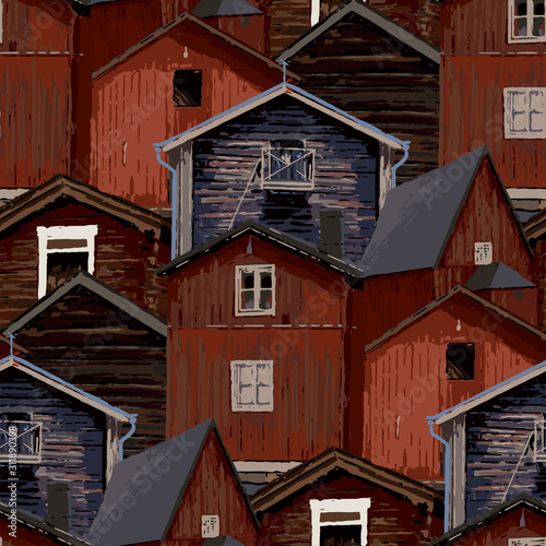 Seamless pattern of old traditional scandinavian wooden houses.