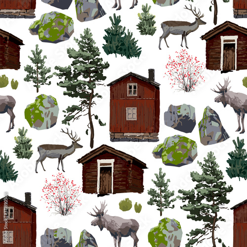 Collection of wooden houses, coniferous trees, reindeers, moose and stones.