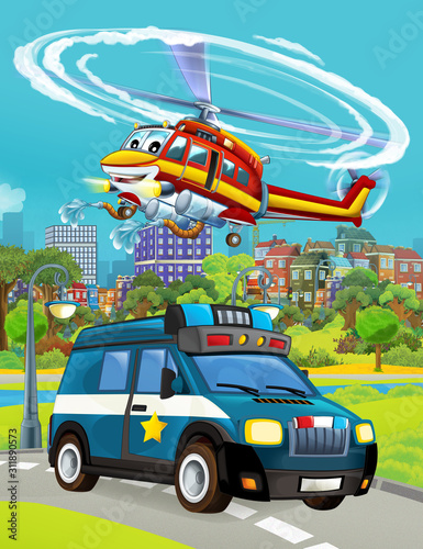 cartoon scene with police car vehicle on the road and fireman helicopter flying - illustration for children