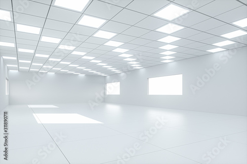 White bright and spacious room, white background, 3d rendering.