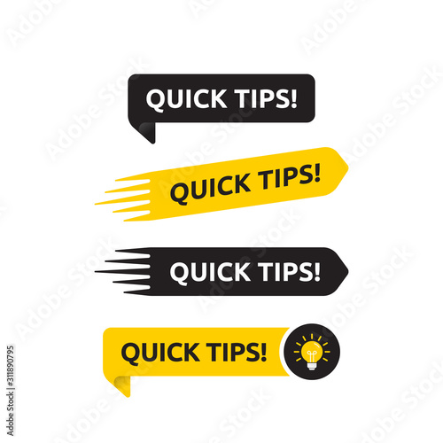 Quick tips, helpful tricks vector logo icon or symbol set with black and yellow color and lightbulb element suitable for web. emblems and banners vector set isolated photo