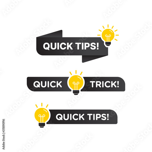 Quick tips, helpful tricks vector logo icon or symbol set with black and yellow color and lightbulb element suitable for web. emblems and banners vector set isolated