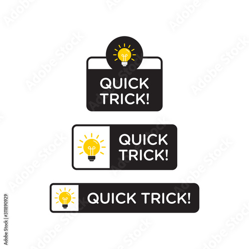 Quick tips, helpful tricks vector logo icon or symbol set with black and yellow color and lightbulb element suitable for web. emblems and banners vector set isolated