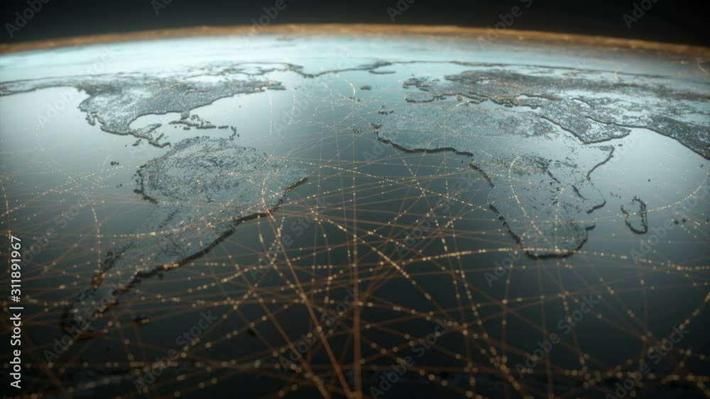 Globalized world, the future of digital technology. Connections and cloud computing in the virtual world. World map with satellite data connections. Connectivity across the world.