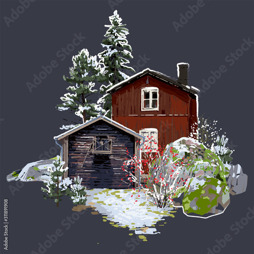 Scandinavian winter landscape with traditional wooden houses surrounded by rocks, coniferous trees and bushes