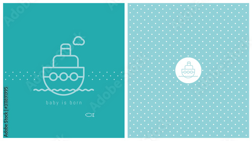 carte de naissance, bateau, bleu, pois