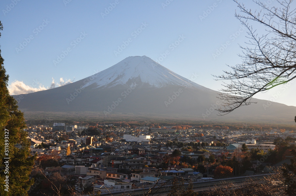 Fuji and city Fujikawaguchiko view from the top of the mountain Landscape beautiful Mount Fuji Japan