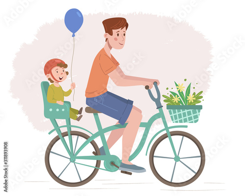 Man is riding a bicycle with a child in the bicycle chair. Basket with flowers. Vector illustration