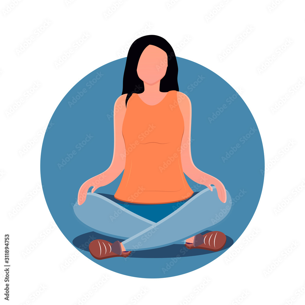 A young woman sits in a padmasana pose and meditates. Girl sits in the lotus position, legs crossed. Thought process. Relaxation of the body, soul and mind. Concentration. Flat style illustration A young woman sits in a padmasana pose and meditates. Girl sits in the lotus position, legs crossed. Thought process. Relaxation of the body, soul and mind. Concentration. Flat style illustration