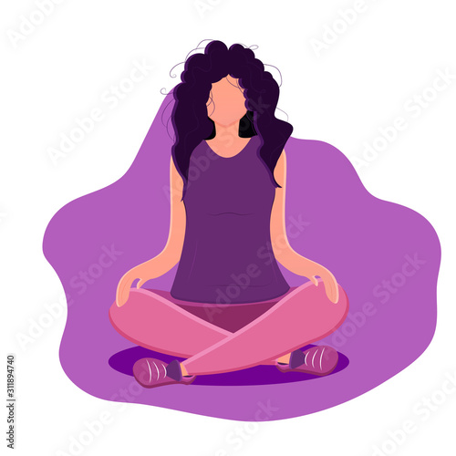 A young woman sits in a padmasana pose and meditates. Girl sits in the lotus position, legs crossed. Thought process. Relaxation of the body, soul and mind. Concentration. Flat style illustration
