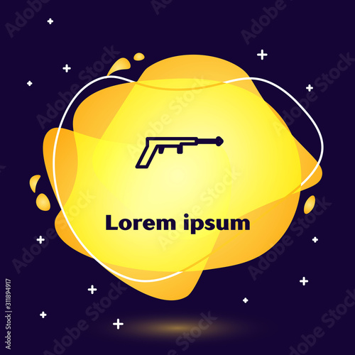 Black line Fishing harpoon icon isolated on blue background. Fishery manufacturers for catching fish under water. Diving underwater equipment. Abstract banner with liquid shapes. Vector Illustration